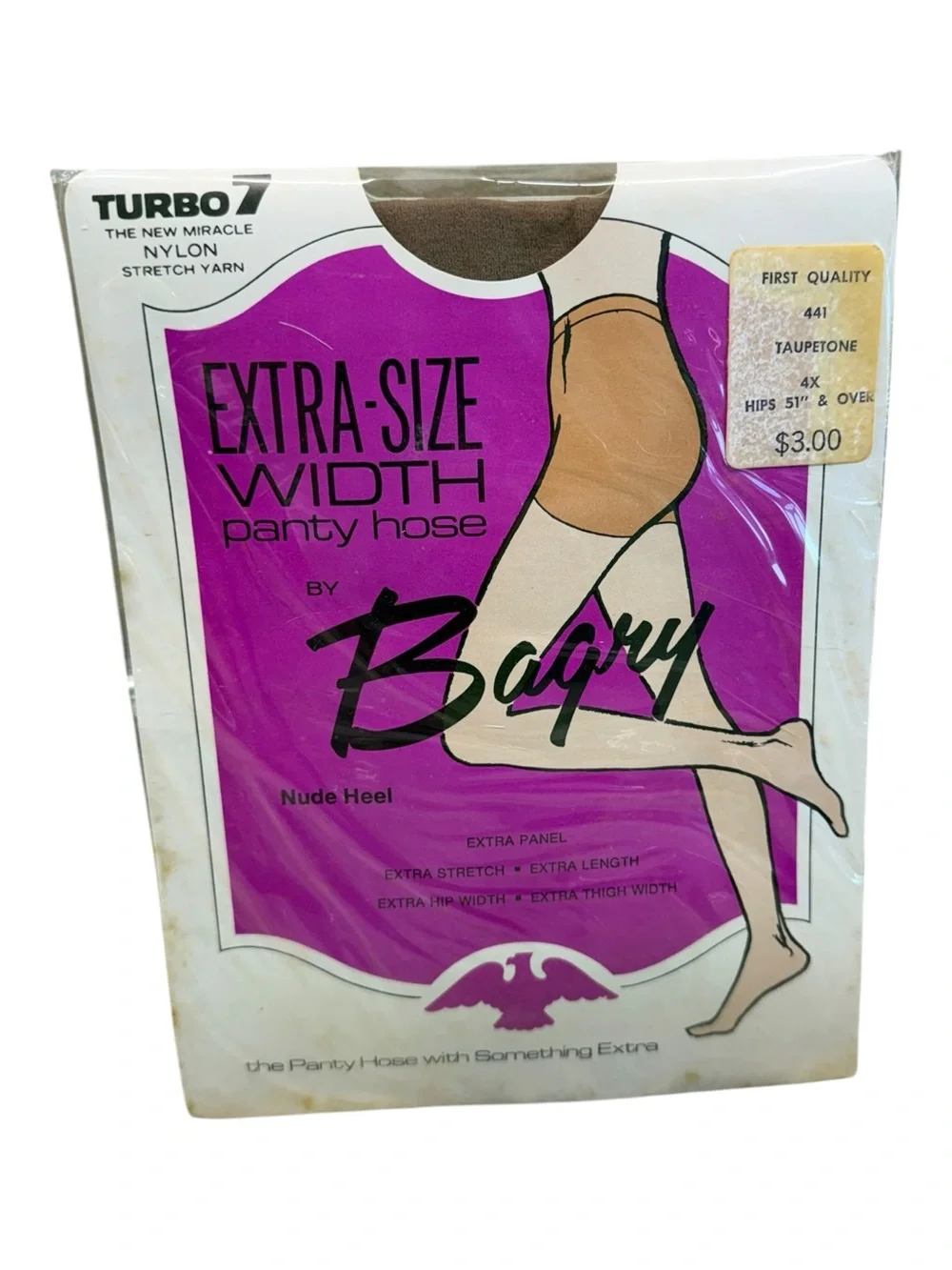 Vintage Bagry Turbo 7 Extra Size Width Pantyhose 100% Nylon Taupetone Size 4X